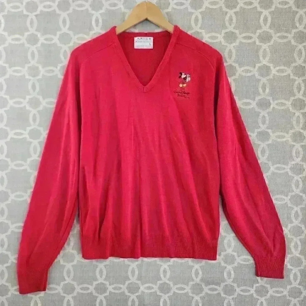 Vtg Artex Disney Studio Made in USA Mickey Mouse Women's L V Neck Red Sweater